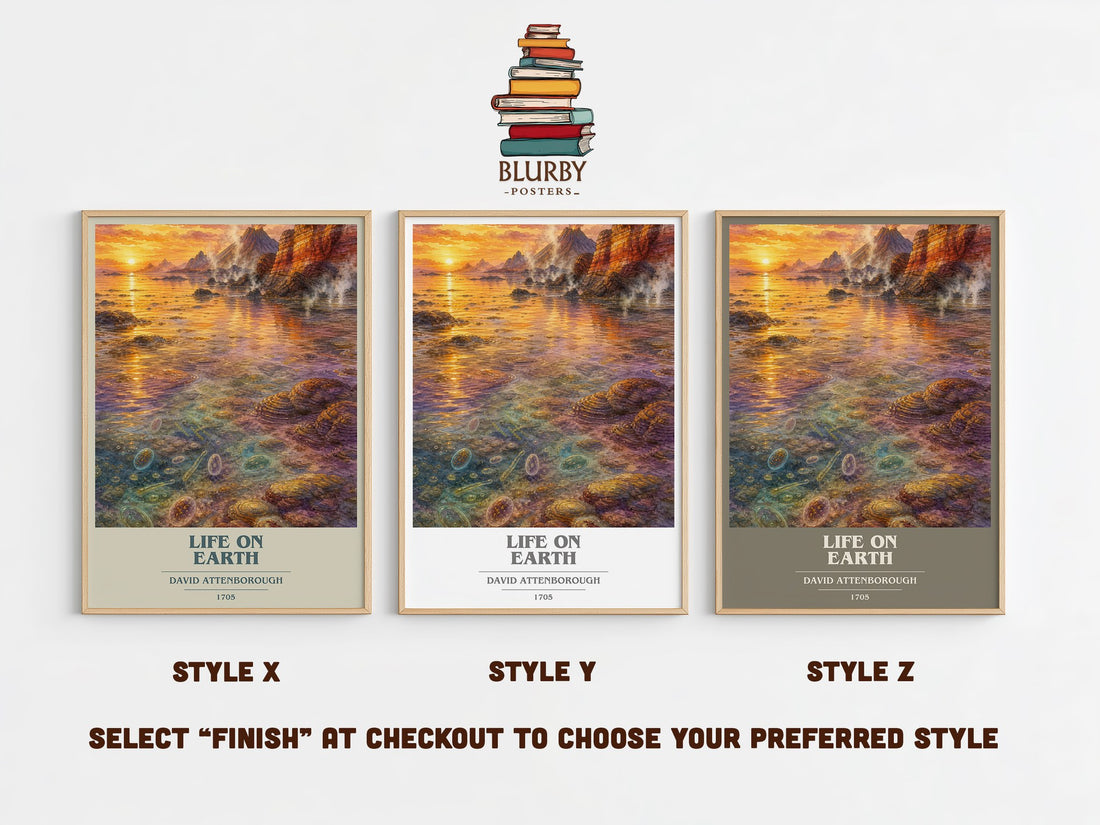 Life on Earth book cover print in frame leaning in hallway – __new__:educational wall art (mockup)