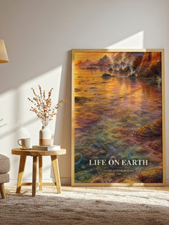 Life on Earth watercolour print in frame leaning in hallway – __new__:educational wall art
