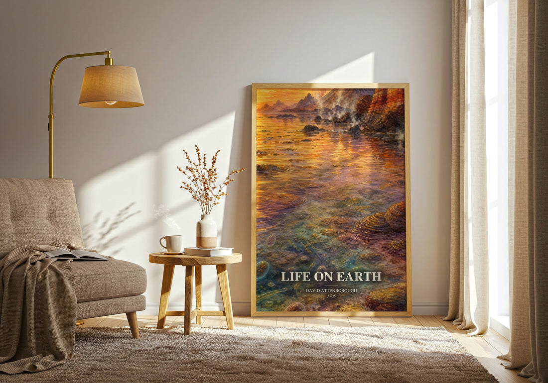 Life on Earth watercolour print in frame leaning in hallway – __new__:educational wall art