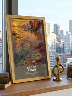 Life on Earth book cover print framed by window – literary home decor