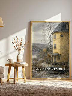 Sent i November watercolour print in frame leaning in hallway – literary fiction wall art
