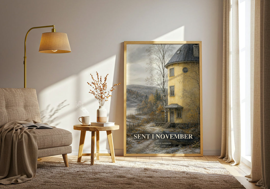 Sent i November watercolour print in frame leaning in hallway – literary fiction wall art