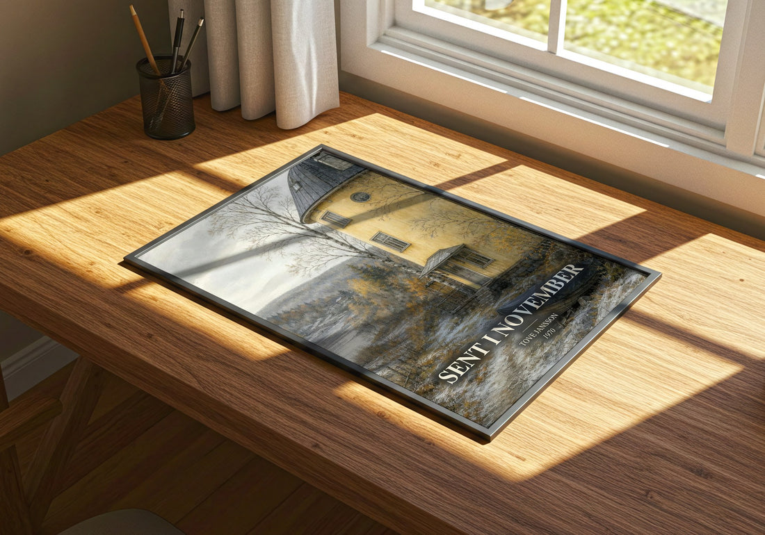 Sent i November watercolour book poster framed on wall – literary fiction wall art