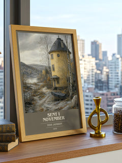 Sent i November book cover print framed by window – literary home decor