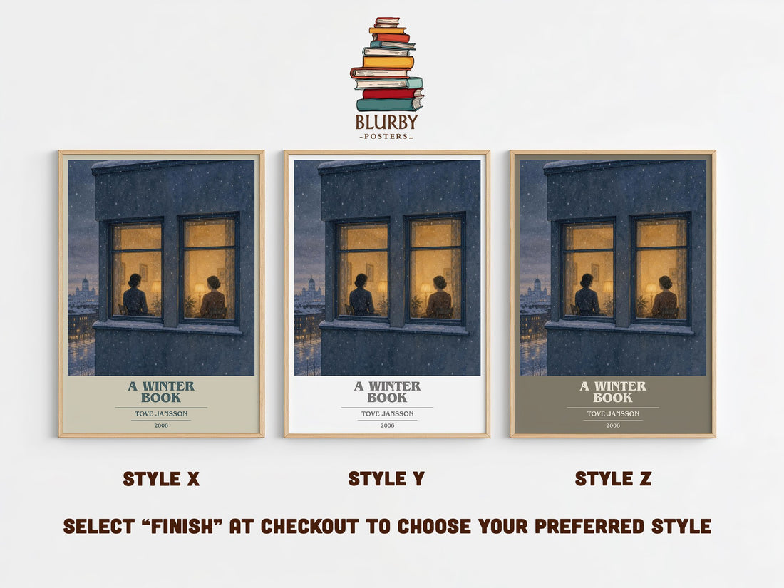 A winter book book cover print in frame leaning in hallway – literary fiction wall art (mockup)