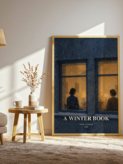 A winter book watercolour print in frame leaning in hallway – literary fiction wall art