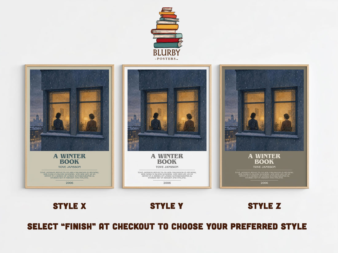 A winter book bookish print in frame leaning in hallway – literary fiction wall art (mockup)