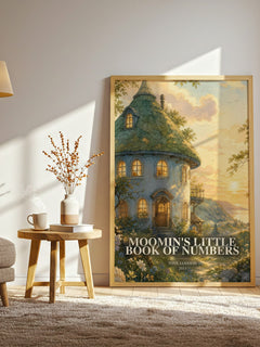 Moomin's little book of numbers watercolour print in frame leaning in hallway – childrens wall art