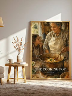 The Cooking Pot watercolour print in frame leaning in hallway – childrens wall art
