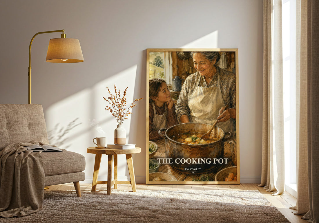 The Cooking Pot watercolour print in frame leaning in hallway – childrens wall art