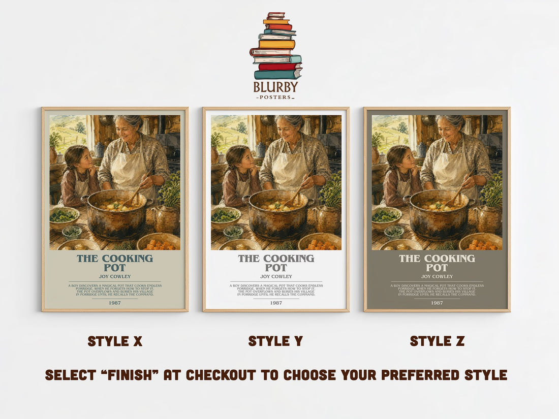The Cooking Pot bookish print in frame leaning in hallway – childrens wall art (mockup)