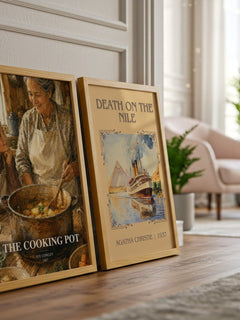 The Cooking Pot watercolour print framed by window – literary home decor