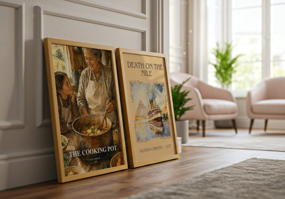 The Cooking Pot watercolour print framed by window – literary home decor
