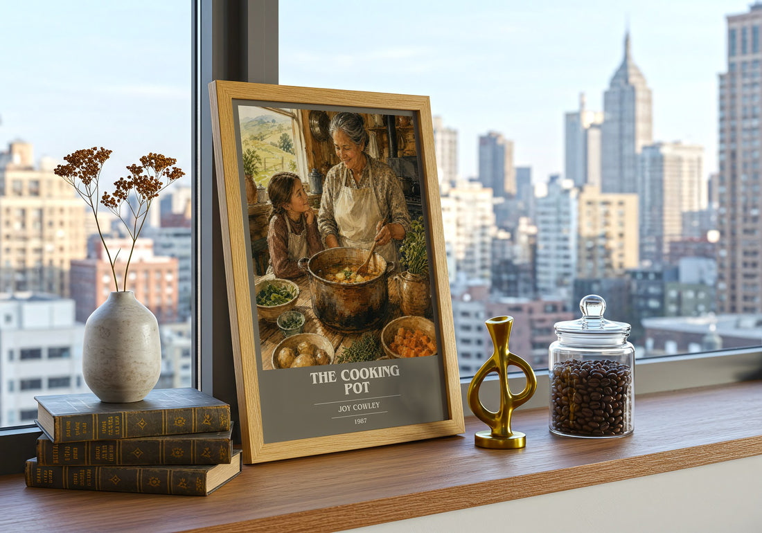 The Cooking Pot book cover print framed by window – literary home decor