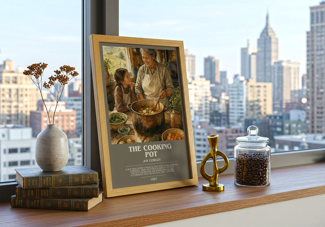 The Cooking Pot bookish print framed by window – literary home decor