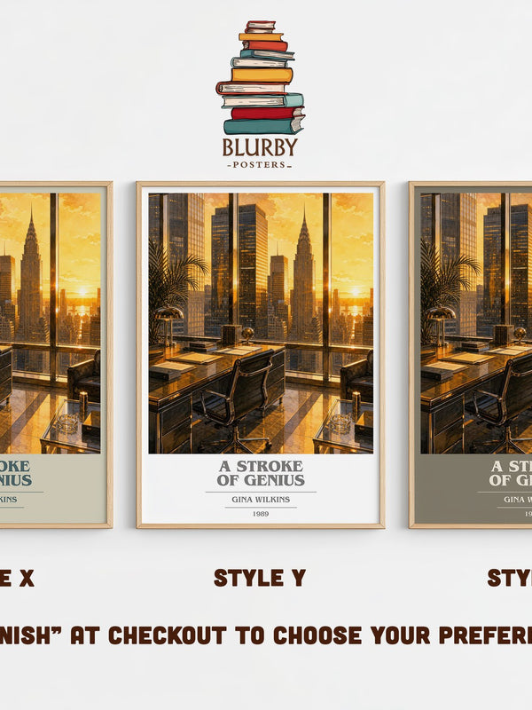 A Stroke Of Genius book cover print in frame leaning in hallway – romance wall art