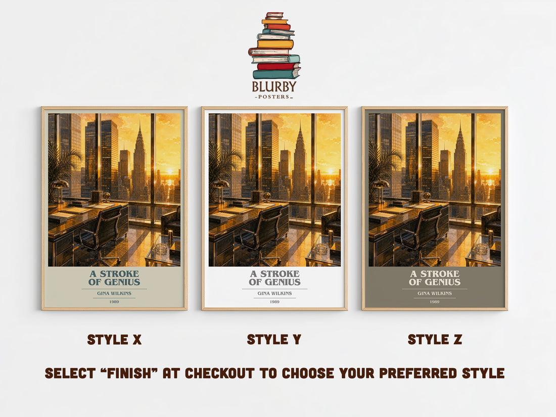 A Stroke Of Genius book cover print in frame leaning in hallway – romance wall art (mockup)