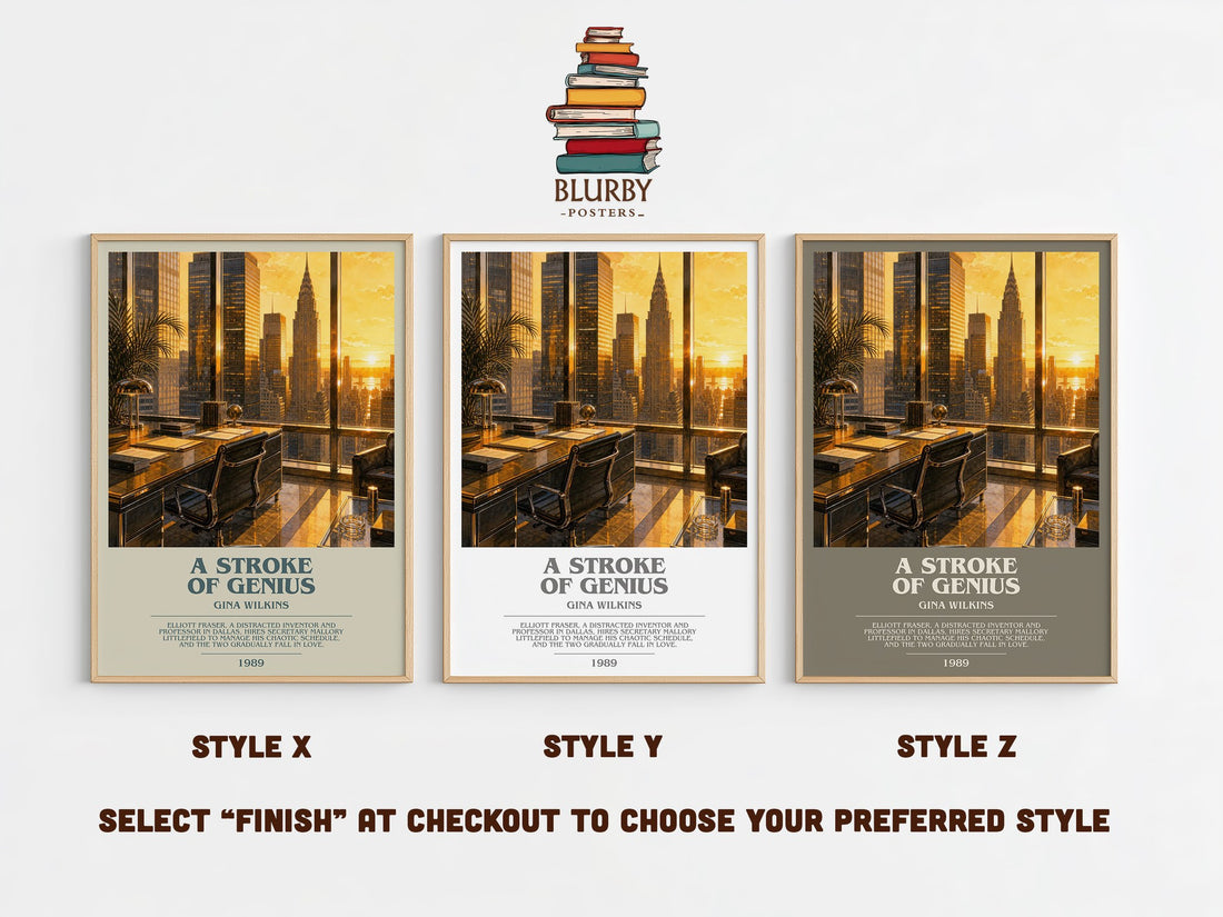 A Stroke Of Genius bookish print in frame leaning in hallway – romance wall art (mockup)