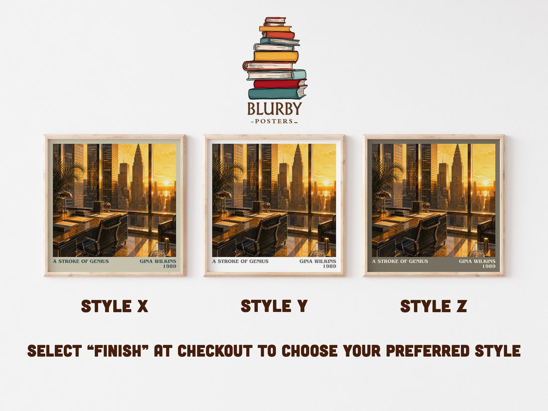 A Stroke Of Genius literary print in frame leaning in hallway – romance wall art (mockup)