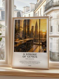 A Stroke Of Genius Bookish Wall Art by Gina Wilkins – framed print by a bright window