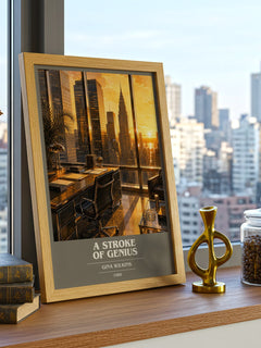 A Stroke Of Genius book cover print framed by window – literary home decor