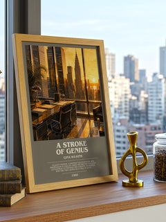 A Stroke Of Genius Bookish Wall Art by Gina Wilkins – framed print on a city-view windowsill