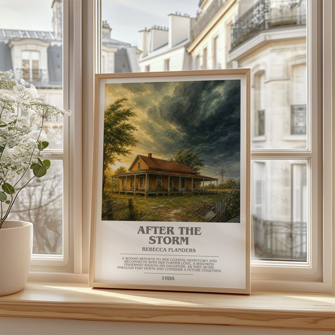 After the Storm bookish poster colour and style options – Rebecca Flanders book art