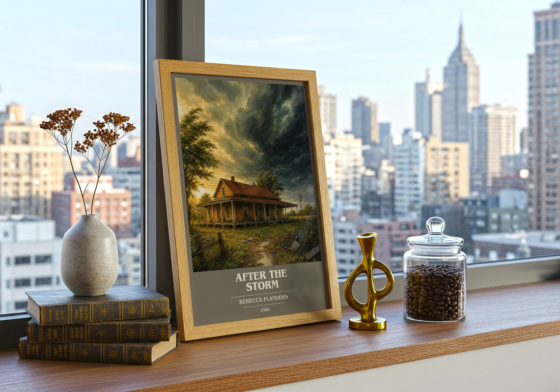 After the Storm book cover print framed by window – literary home decor