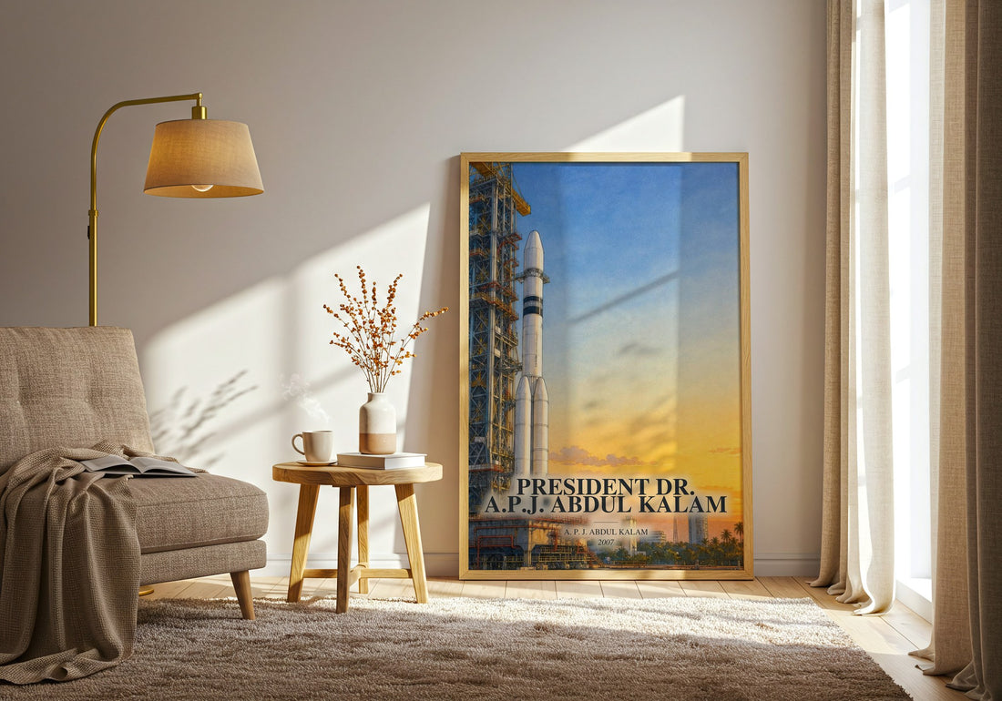 President Dr. A.P.J. Abdul Kalam watercolour print in frame leaning in hallway – memoir wall art