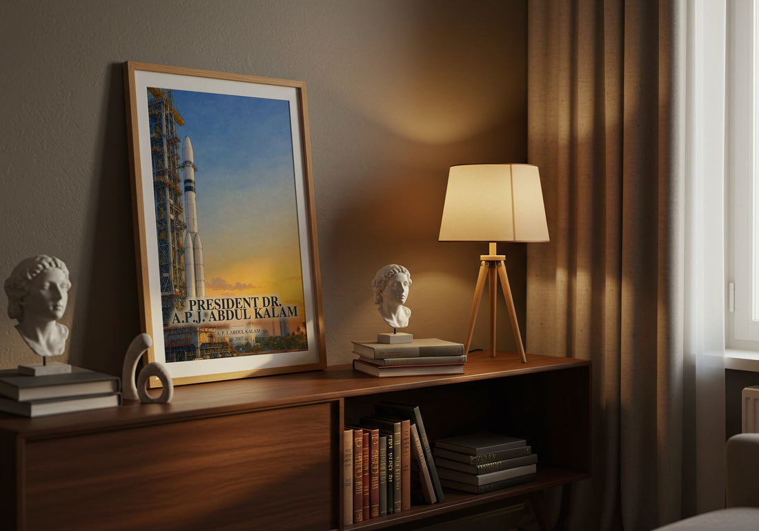 President Dr. A.P.J. Abdul Kalam watercolour print on bookshelf – A. P. J. Abdul Kalam fan gift