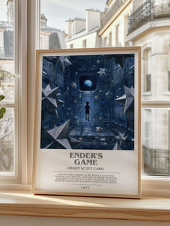 Ender's Game bookish print in frame leaning in hallway – sci fi wall art