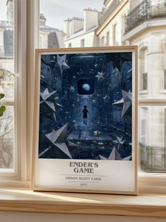 Ender's Game book cover print in frame leaning in hallway – sci fi wall art
