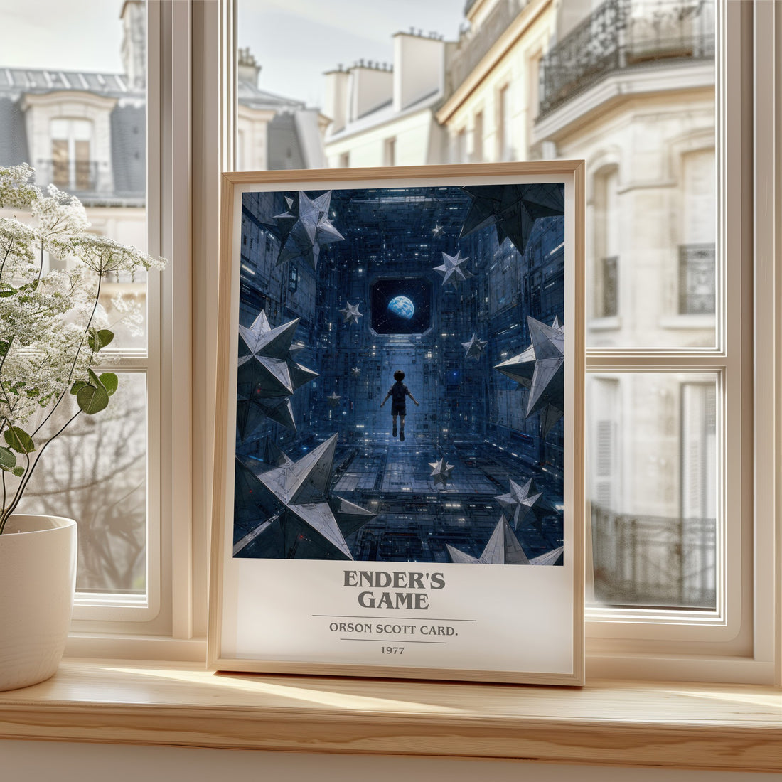 Ender's Game book cover print in frame leaning in hallway – sci fi wall art