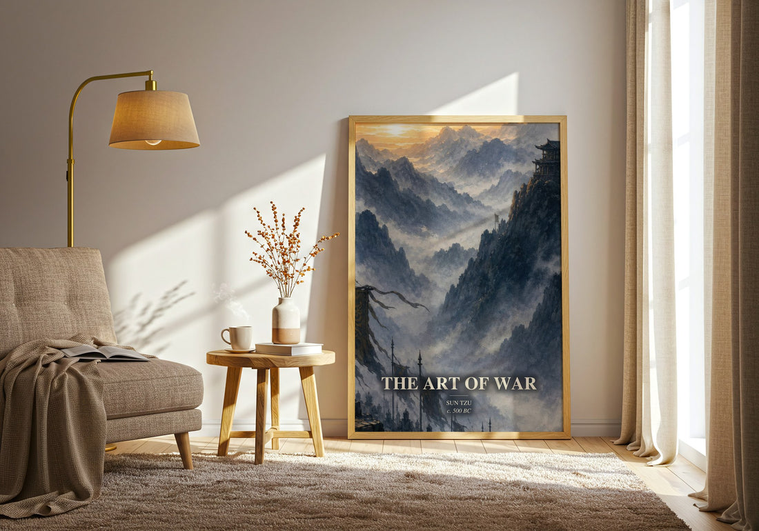 The Art of War watercolour print in frame leaning in hallway – philosophy wall art