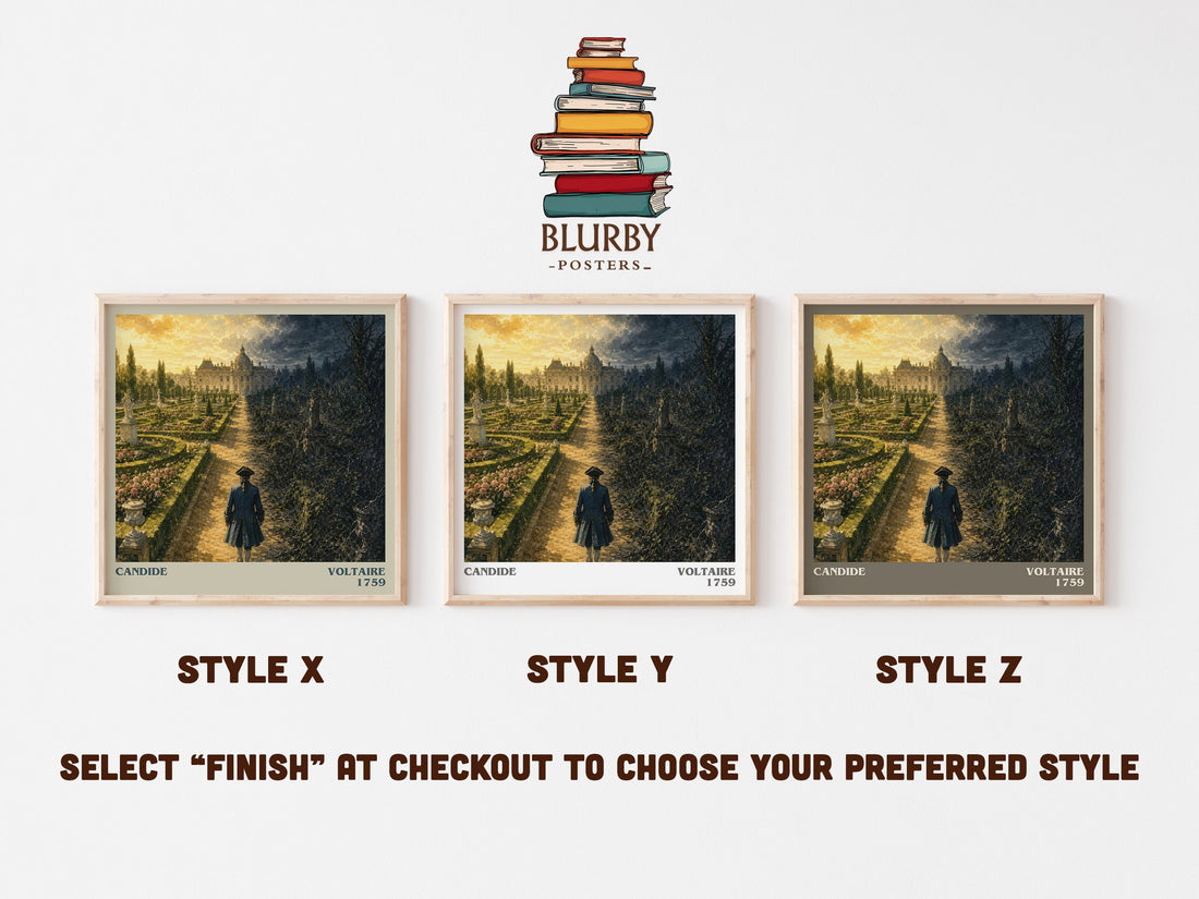 Candide literary print in frame leaning in hallway – satire wall art (mockup)