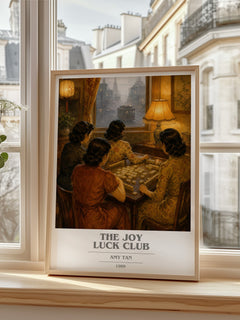 The Joy Luck Club book cover print in frame leaning in hallway – literary fiction wall art