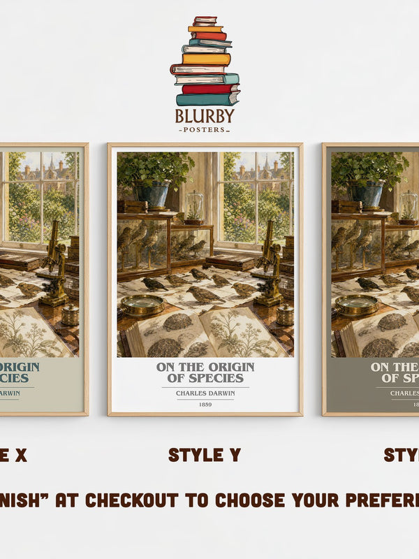 On the Origin of Species book cover print in frame leaning in hallway – non fiction wall art