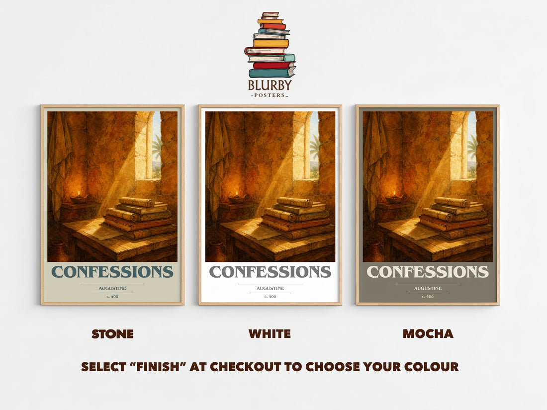 Confessions book cover print framed by window – Stone, White and Mocha side by side – choose your colour