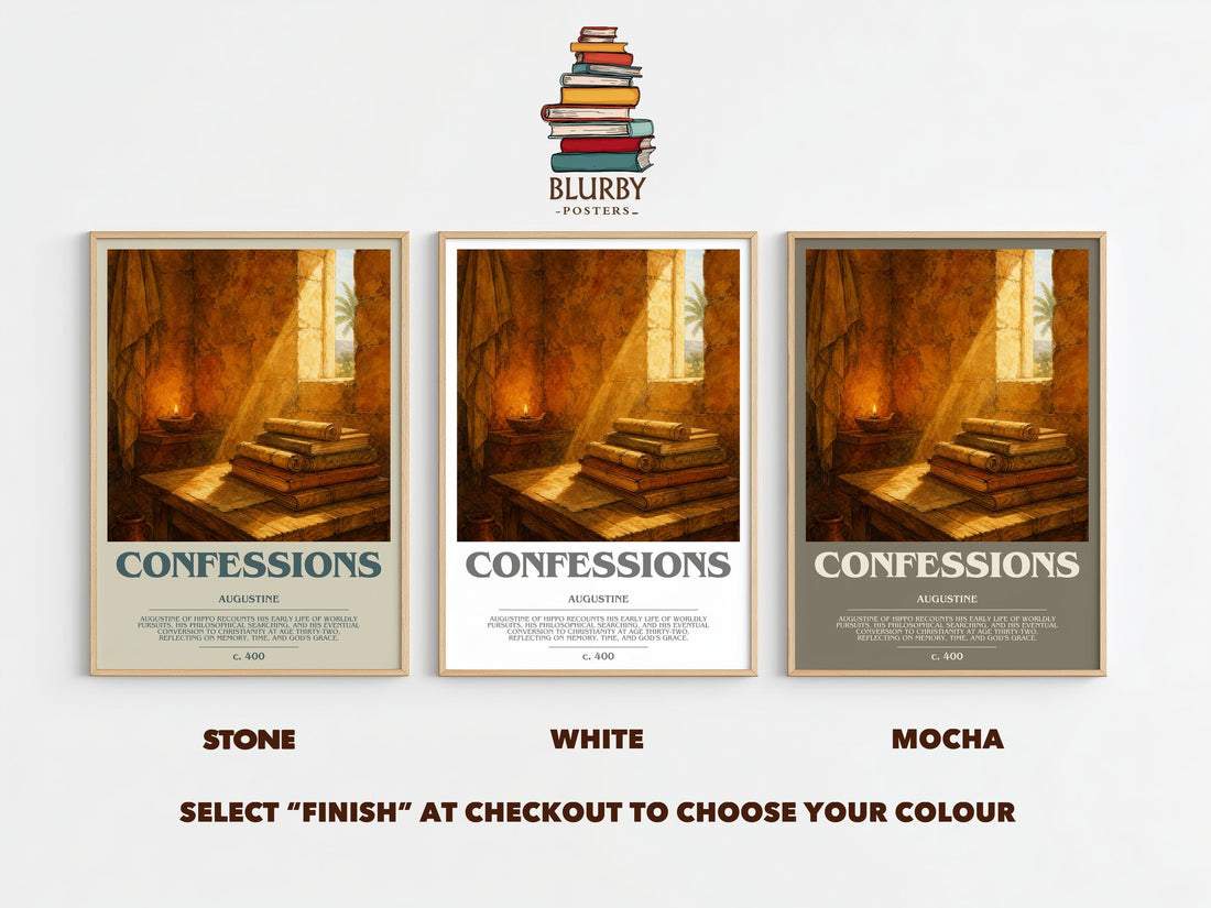 Confessions bookish print framed by window – Stone, White and Mocha side by side – choose your colour