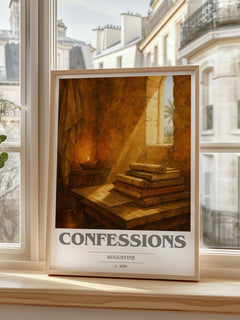 Confessions book cover print in frame leaning in hallway – philosophy wall art
