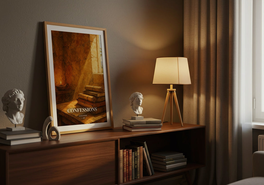 Confessions watercolour print on bookshelf – Augustine fan gift