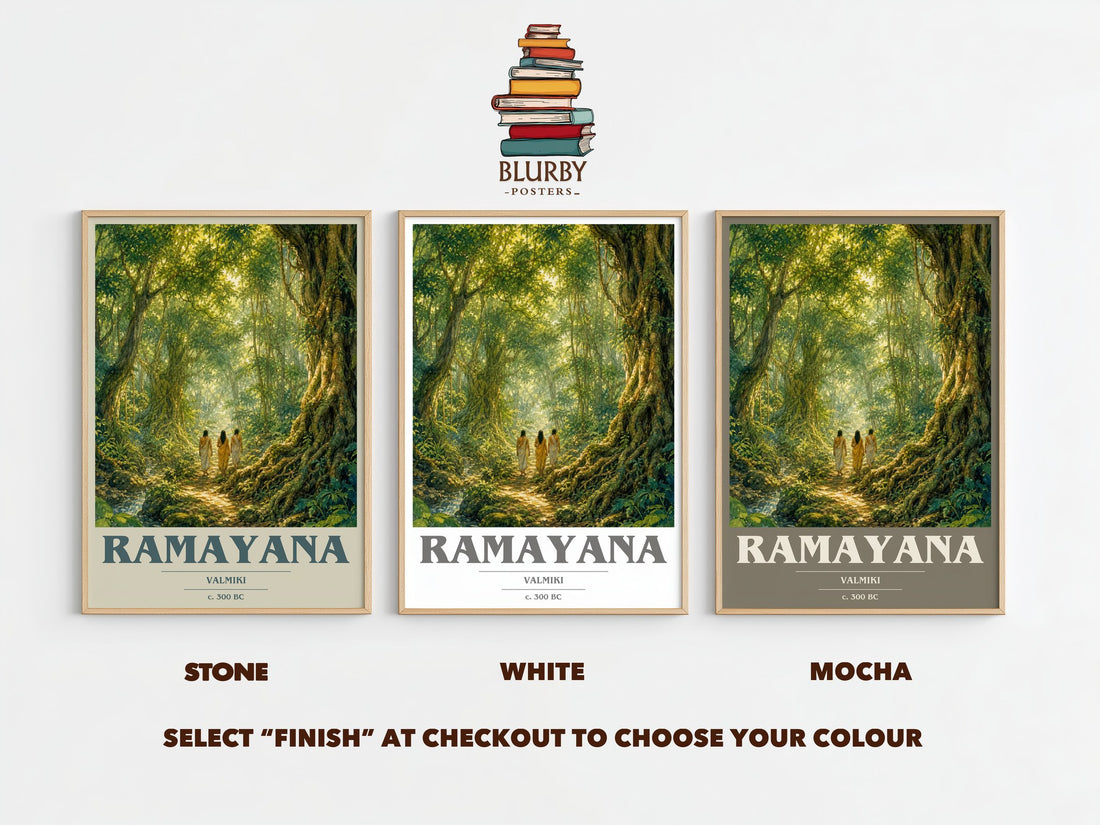 Ramayana book cover print framed by window – Stone, White and Mocha side by side – choose your colour