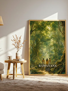 Ramayana watercolour print in frame leaning in hallway – __new__:mythology wall art