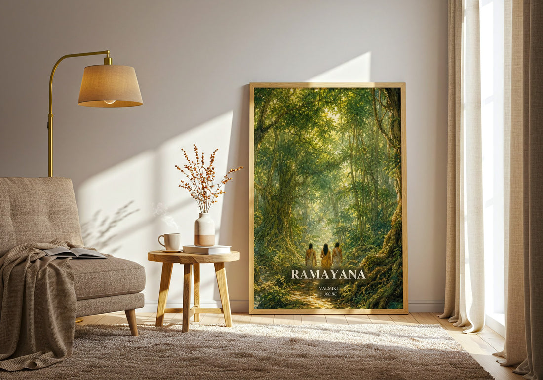 Ramayana watercolour print in frame leaning in hallway – __new__:mythology wall art