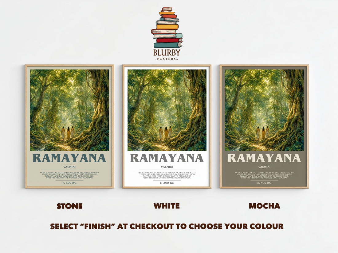 Ramayana bookish print framed by window – Stone, White and Mocha side by side – choose your colour