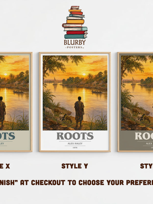 Roots book cover print in frame leaning in hallway – historical fiction wall art