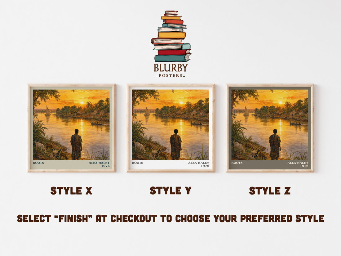 Roots literary print in frame leaning in hallway – historical fiction wall art (mockup)