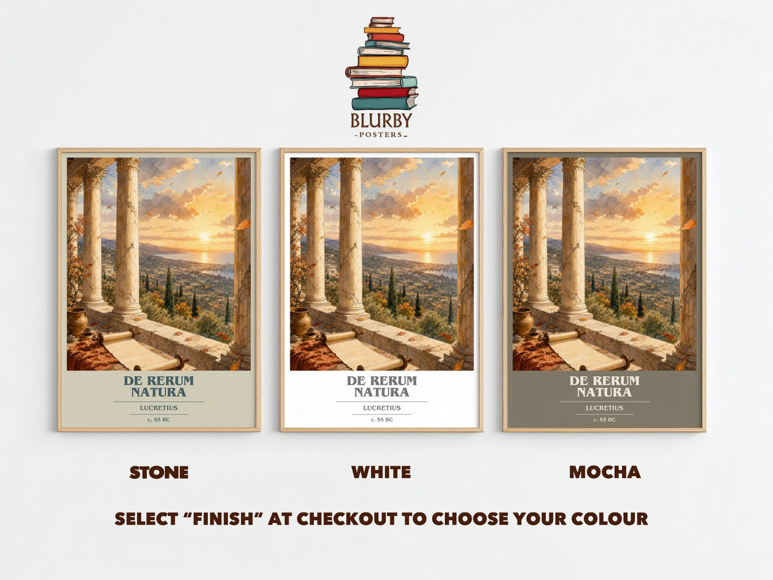 De Rerum Natura book cover print framed by window – Stone, White and Mocha side by side – choose your colour