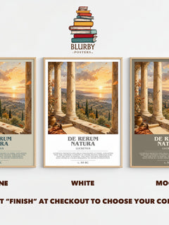 De Rerum Natura bookish print framed by window – Stone, White and Mocha side by side – choose your colour