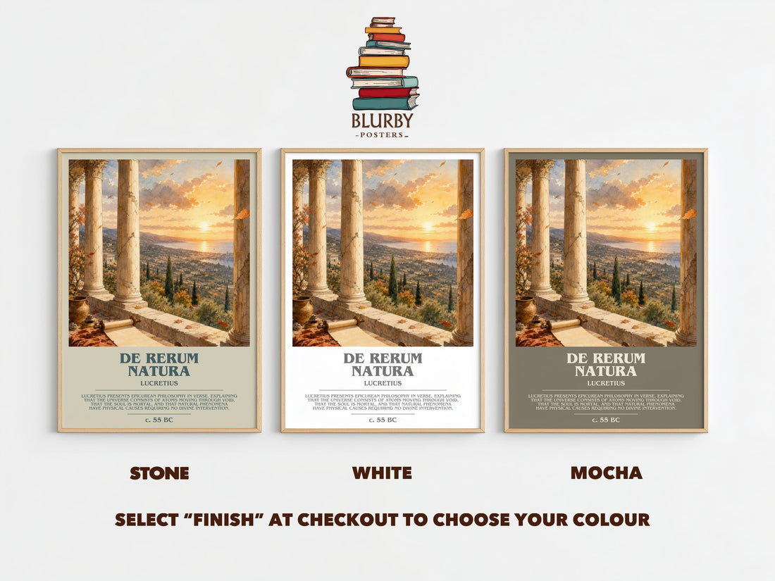 De Rerum Natura bookish print framed by window – Stone, White and Mocha side by side – choose your colour
